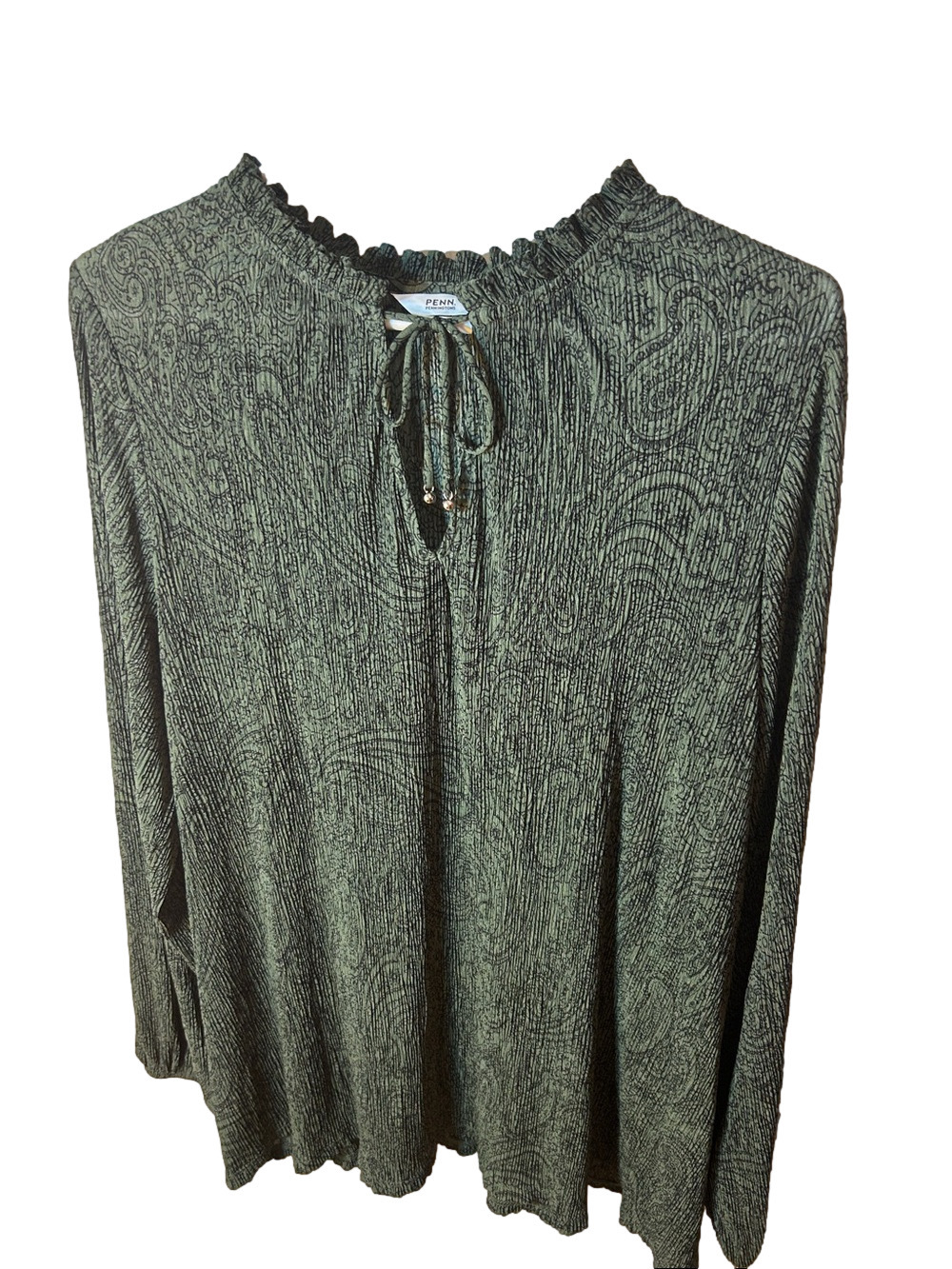 Pennington’s Boho Green Paisley Crepe Long Sleeve Peasant Top size 1x - Picture 1 of 5